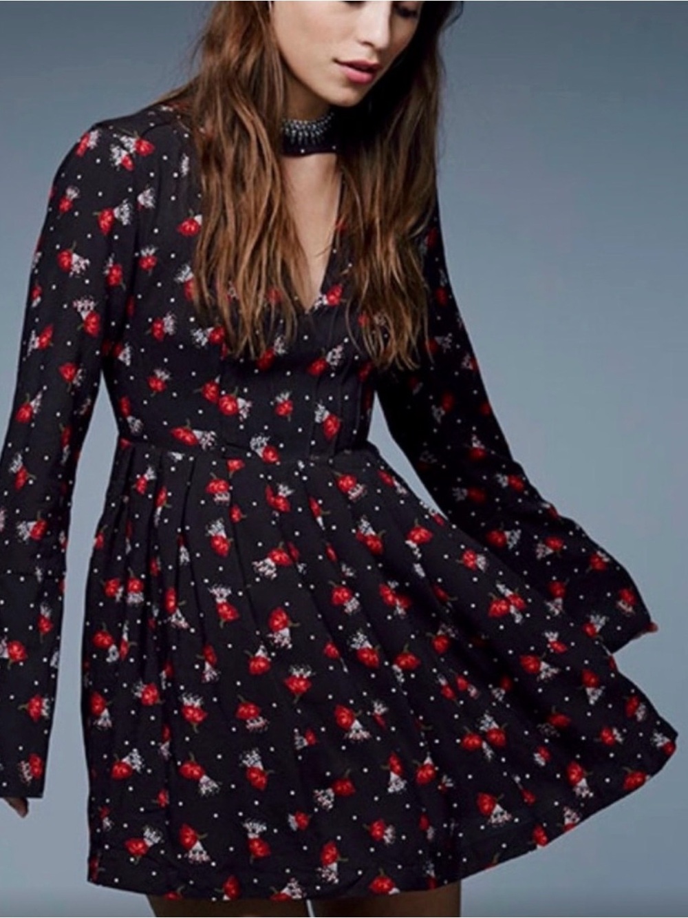 🖤💐Free People Black Floral Long-Sleeve Mini Dress